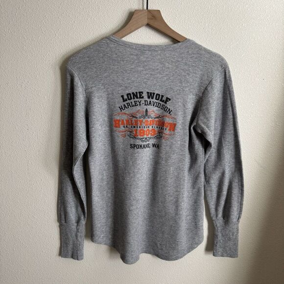 Harley Davidson Top Womens Medium Gray Waffle Knit Harley Graphic Spokane Biker - Picture 6 of 13